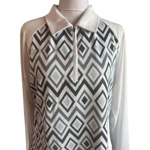 MoFiz LADIES LONG SLEEVE POLO Black Grey Diamond Pattern ATHLETIC SHIRT M LN